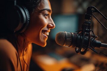 Female podcaster wearing headphones, speaking into a microphone in a recording studio