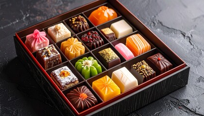 "Elegant box of assorted traditional Asian sweets with vibrant colors and intricate designs"