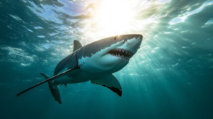 Fototapeta premium Massive great white shark viewed from directly beneath, jaws agape revealing rows of serrated triangular teeth, silhouetted against rippling surface sunlight, crystal clear turquoise water, predatory