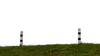 Green meadows in parks and fields, bordered by black and white posts as a fence, or isolated figures against a white background.