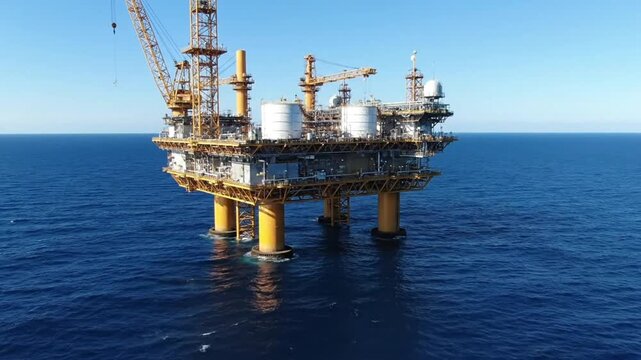 drone wide shot of offshore oil and gas platform in open ocean massive steel structure yellow legs anchored to seabed industrial deck equipment calm waves clear daytime sky slow steady motion
