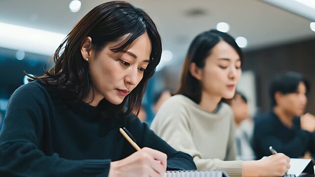 思考を整理しながらノートに記録する日本人女性
