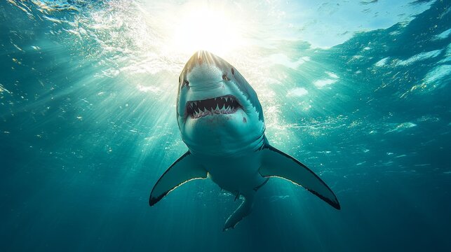 Massive great white shark viewed from directly beneath, jaws agape revealing rows of serrated triangular teeth, silhouetted against rippling surface sunlight, crystal clear turquoise water, predatory
