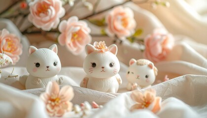 "Pastel bunny figurines arranged in rows on colorful sections of blue, pink, and peach"