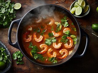 Shrimp soup with cilantro and lime slices in dark cooking pot  