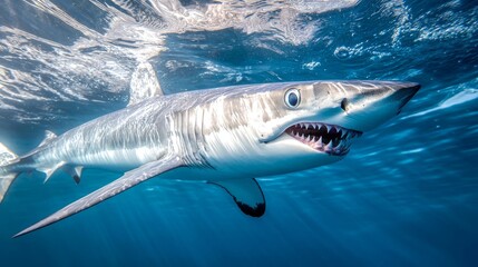 Mako shark swimming above camera in pellucid cobalt waters, hydrodynamic form perfectly adapted for speed, gaping maw revealing razor-sharp dental structure, sunlight creating dramatic shadows across