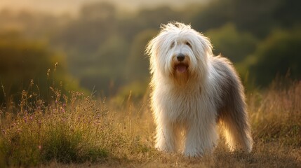 Fluffy sheepdog in a sunlit meadow with a friendly expression