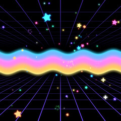 Rainbow gradient synthwave with flying pixel stars. © tykcartoon