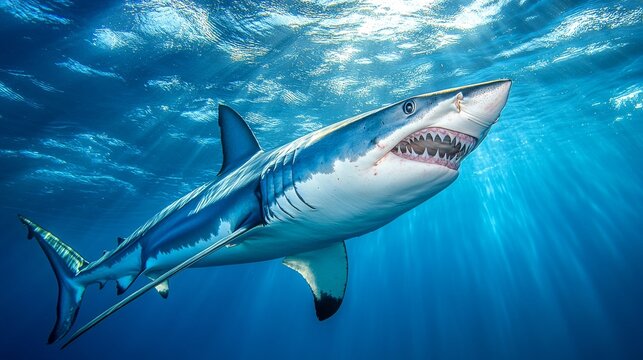 Mako shark swimming above camera in pellucid cobalt waters, hydrodynamic form perfectly adapted for speed, gaping maw revealing razor-sharp dental structure, sunlight creating dramatic shadows across