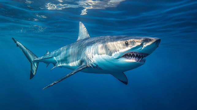 Mako shark swimming above camera in pellucid cobalt waters, hydrodynamic form perfectly adapted for speed, gaping maw revealing razor-sharp dental structure, sunlight creating dramatic shadows across