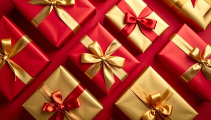 "Pastel gift boxes with satin ribbons arranged in grid on soft pink surface"