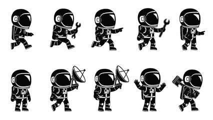 Moon explorers. Set of cartoon astronauts in a space suit. Monochrome vector illustration. JPEG version.