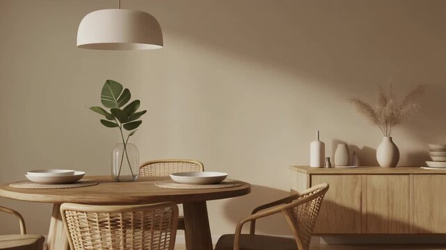 3D animation of a stylish dining room featuring a round wooden table, rattan chairs, modern 