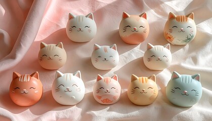 "Pastel bunny figurines arranged in rows on colorful sections of blue, pink, and peach"