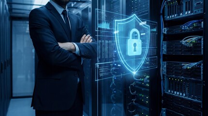 Cybersecurity professional with digital shield protecting data in server room