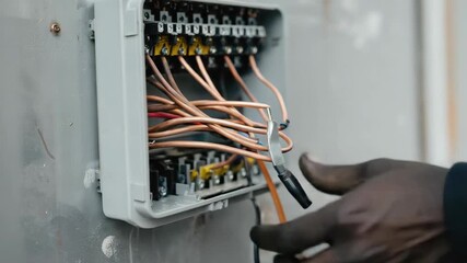 Electrician routing copper wires into wall mounted electrical panel