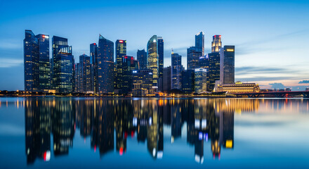 Fototapeta premium Singapore skyline at dusk with reflections in the water, a modern city panorama