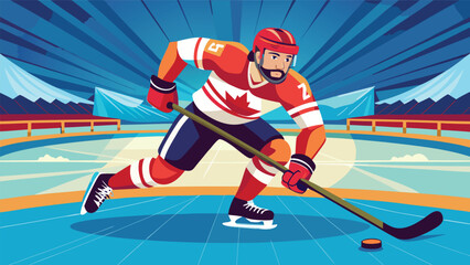 Obraz premium Illustration of a hockey player skating on the ice, wearing a helmet and holding a stick, ready to shoot the puck