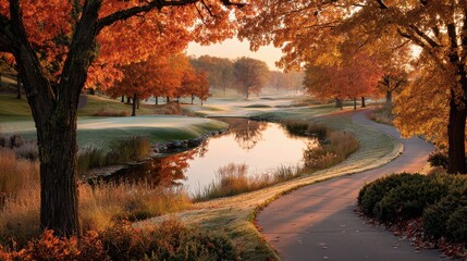 Golf in Autumn: Winding Path, Rich Foliage, and Quiet Morning Light