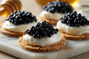 Gourmet canap&Atilde;&copy;: crisp cracker topped with cream cheese and black caviar