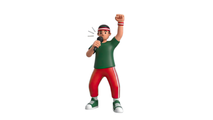 3D Cartoon Man Singing with Fist Raised
