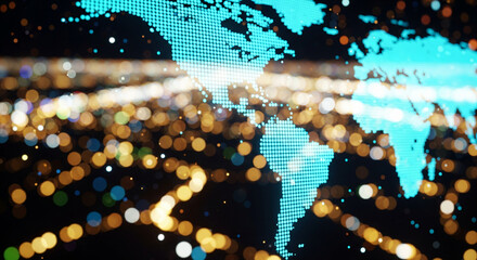 Digital world map glowing with connections and data streams across continents