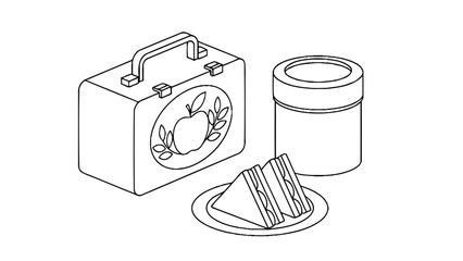 A colorful illustration of a lunchbox with a plate of sandwiches and a thermos
