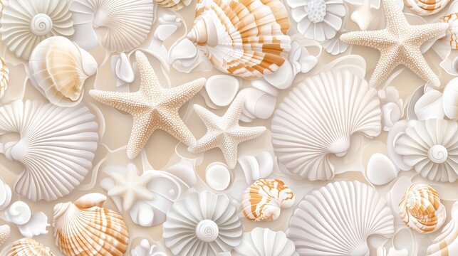 Elegant seamless arrangement of precisely drawn marine shells, five-point starfish in multiple poses, spiral whelk shells, fan-shaped scallops, sand dollars with flower patterns, professional vector