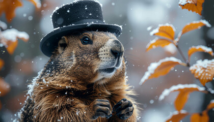 Groundhog Day Portrait of Elegant Groundhog Wearing Top Hat in Falling Snow