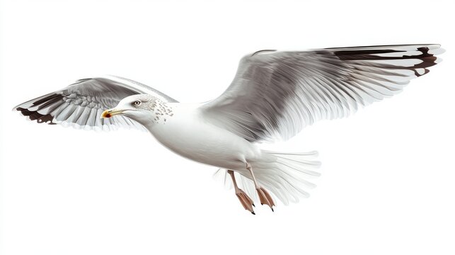 Scientifically accurate illustration series featuring gray-backed white seagull in characteristic poses, bird in flight showing aerodynamic form, standing upright, pecking at ground, territorial