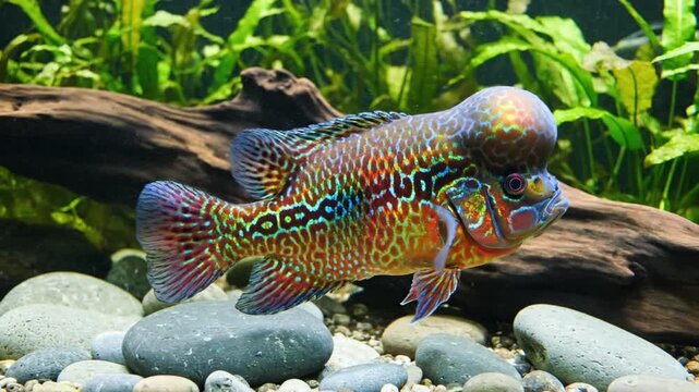 A strikingly vibrant freshwater fish, adorned with mesmerizing patterns of iridescent blues, reds, and oranges, gracefully holds its position within a meticulously aquascaped tank. Its distinctive cra