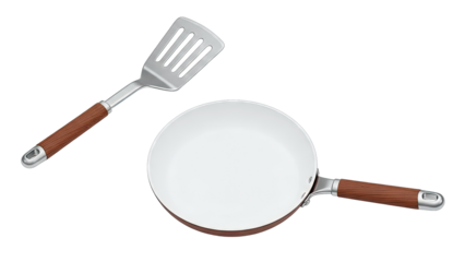 Frying pan and spatula with wood-look handles