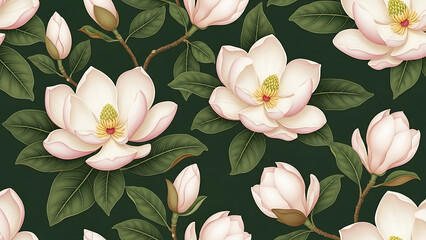 Elegant Seamless Pattern with White and Pink Magnolia Flowers and Green Leaves on Dark Background