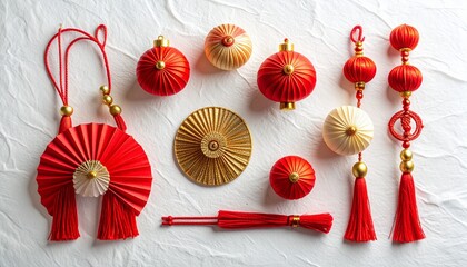 "Traditional Chinese decorative tassels with red and gold knotwork and ornate ornaments"