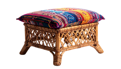 Bohemian handwoven rattan ottoman with colorful textile top isolated on solid white background4