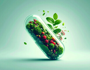 A transparent capsule filled with a vibrant assortment of fresh green vegetables and red berries, symbolizing natural health supplements and plant-based nutrition.