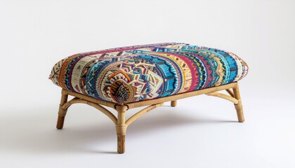 Bohemian handwoven rattan ottoman with colorful textile top isolated on solid white background