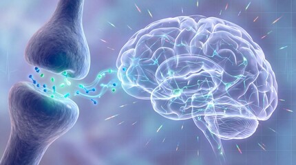 Glowing brain and synapse with neurotransmitters. Neural activity and thought process concept.