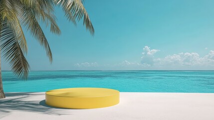 Fototapeta premium Minimalist yellow circular product display podium emerging from pristine white sand beach, crystal turquoise waters stretching to horizon, palm trees casting subtle shadows, bright summer sunlight