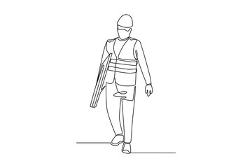 A worker transporting metal beams. Construction street dan building concept. Single line draw design. Vector graphic illustration