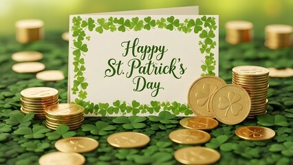 St patricks day greeting card with gold coins and shamrocks celebrating irish heritage and luck