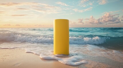 Fototapeta premium Elegant cylindrical yellow product pedestal rising from tropical shoreline, gentle waves washing nearby, pastel sunset colors reflecting on water surface, strategically placed beach accessories
