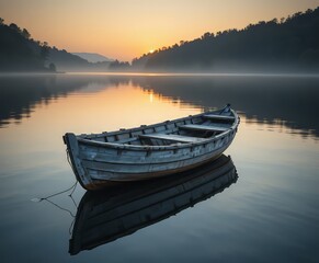 Un peque&ntilde;o barco de madera desgastado se mece suavemente sobre un lago espejado al amanecer