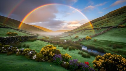 St patrick's day rainbow over green hills and flowers