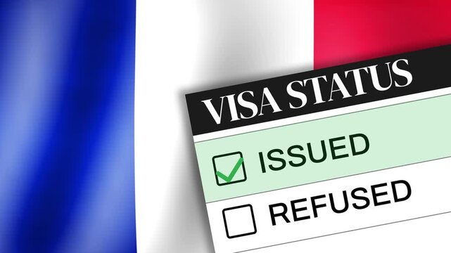 French visa status issued with green checkmark on flag background, 4k animation for travel, immigration, approval concepts