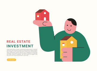 Real estate investment. Flat modern illustration of a man holding houses, representing real estate investment, property ownership, housing assets, and financial growth concept with simple character de