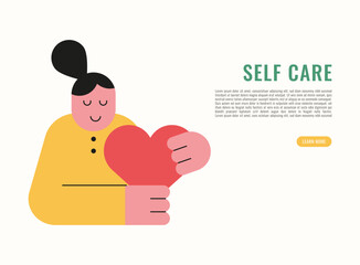 Self care. Flat modern illustration of a woman holding a heart, representing self care, self love, mental health, wellness, and emotional balance concept with simple character design.