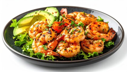 Grilled shrimp salad with avocado, tomatoes, and herbs