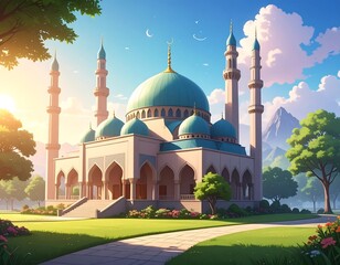Cartoonish illustration of a mosque in a sunny, idyllic setting