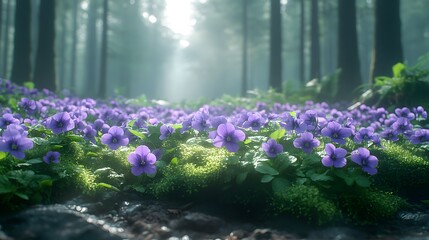 Violets bloom in a forest under soft light in the early morning near tall trees and greenery